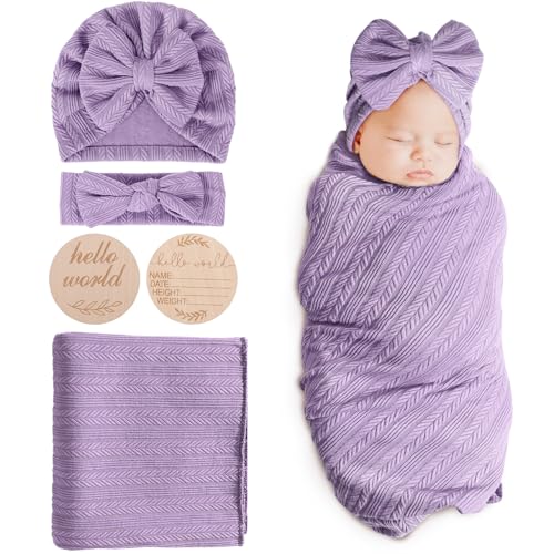 DRESHOW BQUBO Baby Swaddle Blankets for Girls, 4PCS Newborn Accessories Set with Matching Hat and Bow Headband with Hello World Wooden Birth Announcement Card, Baby Blankets for Girls (Purple) - Image 1