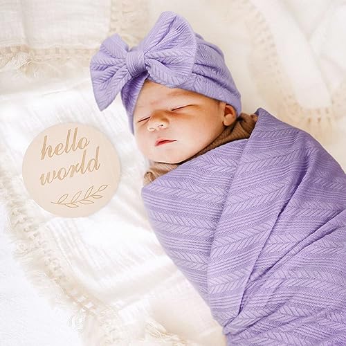 DRESHOW BQUBO Baby Swaddle Blankets for Girls, 4PCS Newborn Accessories Set with Matching Hat and Bow Headband with Hello World Wooden Birth Announcement Card, Baby Blankets for Girls (Purple) - Image 5