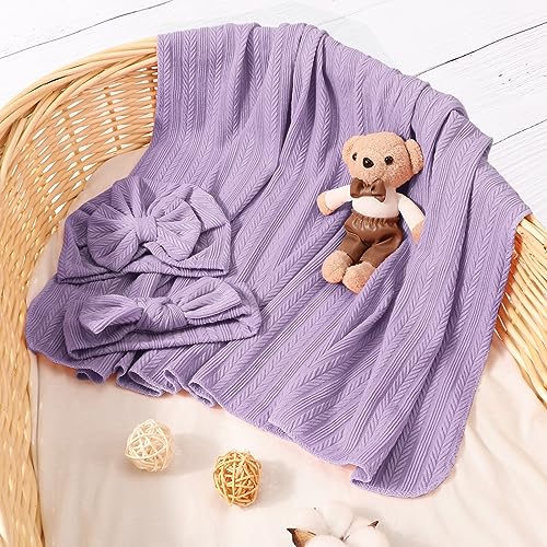 DRESHOW BQUBO Baby Swaddle Blankets for Girls, 4PCS Newborn Accessories Set with Matching Hat and Bow Headband with Hello World Wooden Birth Announcement Card, Baby Blankets for Girls (Purple) - Image 4