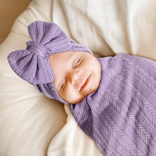 DRESHOW BQUBO Baby Swaddle Blankets for Girls, 4PCS Newborn Accessories Set with Matching Hat and Bow Headband with Hello World Wooden Birth Announcement Card, Baby Blankets for Girls (Purple) - Image 2