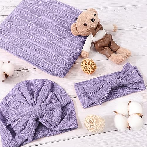 DRESHOW BQUBO Baby Swaddle Blankets for Girls, 4PCS Newborn Accessories Set with Matching Hat and Bow Headband with Hello World Wooden Birth Announcement Card, Baby Blankets for Girls (Purple) - Image 3