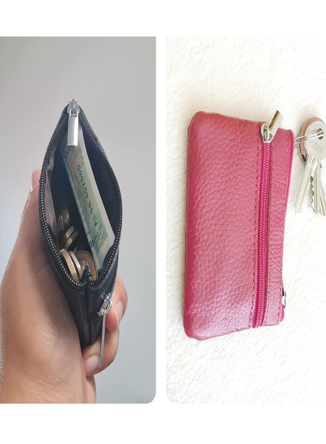 Hibate Mini Coin Purse Holder Wallet Leather Purses for Women Men Kids Minimalist Zip Pouch with Key Ring - Pink - Image 5