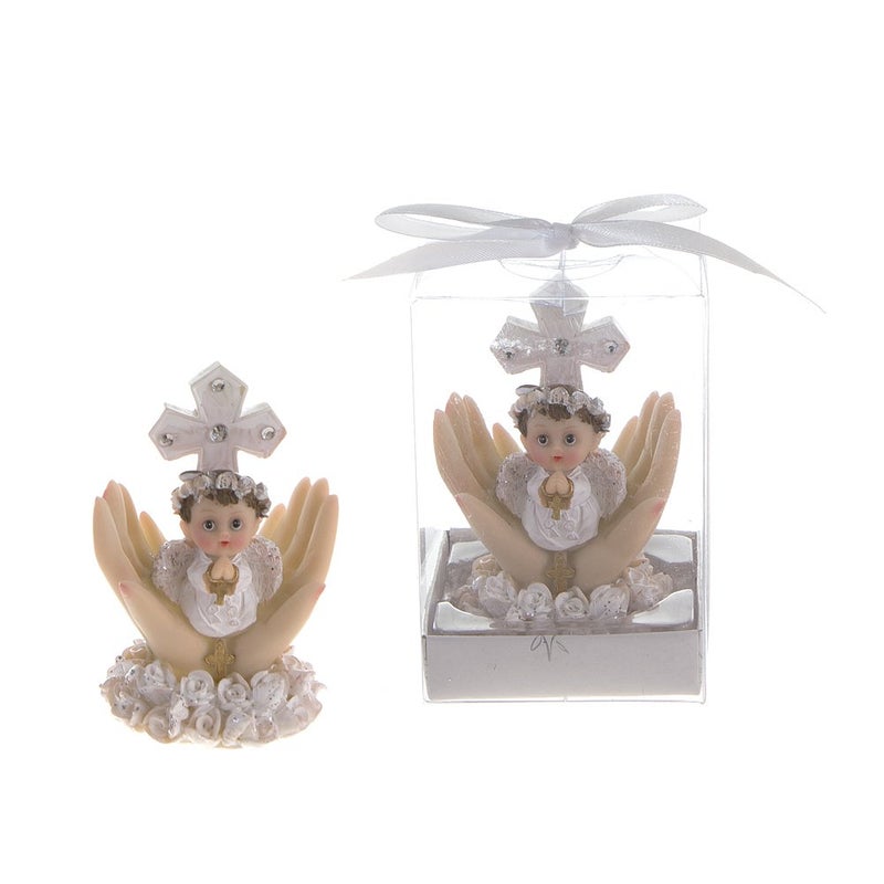 Lunaura Religious Keepsake - Set of 12 Boy Baby on Palm Wearing White Clothes Praying Favors - Blue