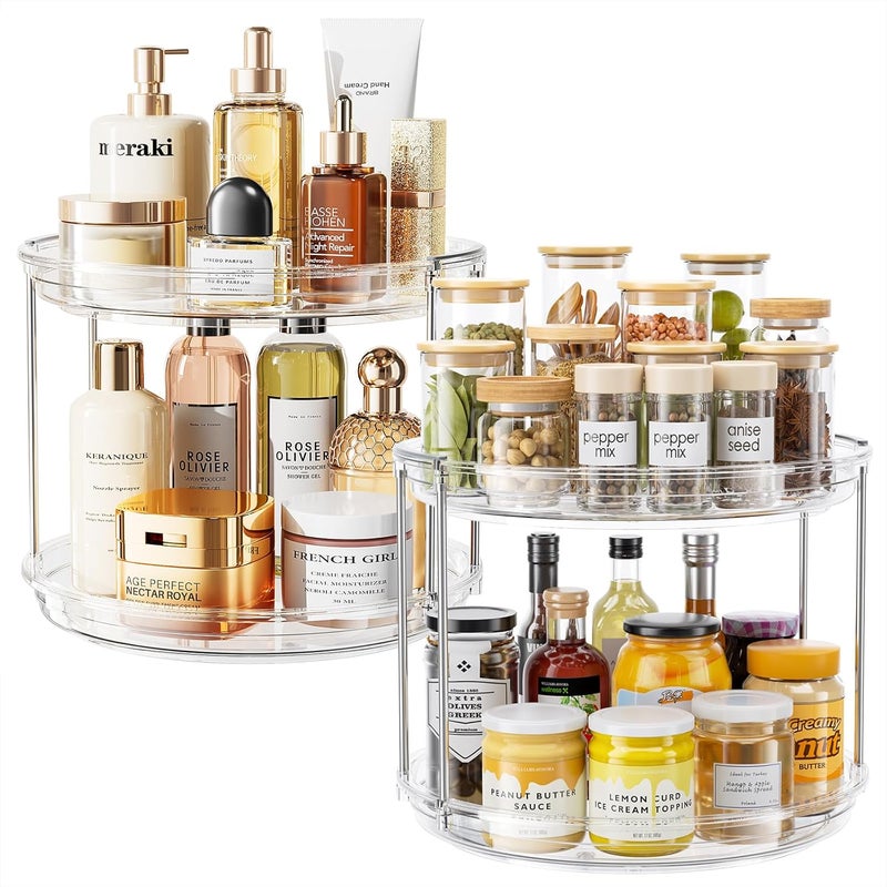 LAMU 2 Pack 2 Tier Lazy Susan Turntable Organizer 10.6'' Rotating Spice Rack Organization for Cabinet, Kitchen, Pantry, Countertop, Bathroom, Vanity, Medicine Cabinet Organizer, Clear - Image 1