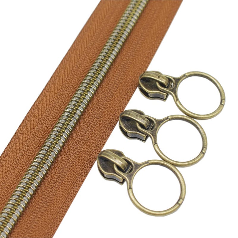 YaHoGa #5 Antique Brass Metallic Nylon Coil Zippers by The Yard Bulk Brown Tape 10 Yards with 20pcs Sliders for DIY Sewing Tailor Craft Bag (Anti-Brass Brown) - Image 3