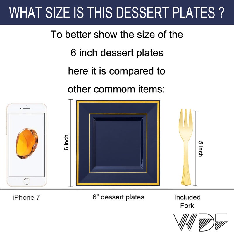 WDF 200PCS Blue Plastic Dessert Plates with Plastic Forks -6 100 Square Disposable Appetizer Plates Small Cake Plates with Gold&100 Navy Blue Small Appetizer Forks for Graduation/Independence Day - Image 1