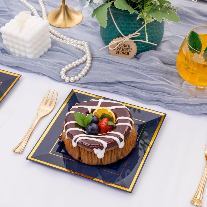 WDF 200PCS Blue Plastic Dessert Plates with Plastic Forks -6 100 Square Disposable Appetizer Plates Small Cake Plates with Gold&100 Navy Blue Small Appetizer Forks for Graduation/Independence Day - Image 2