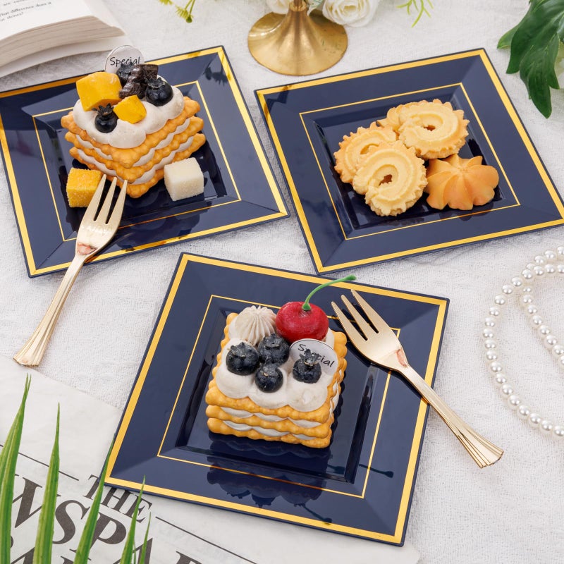 WDF 200PCS Blue Plastic Dessert Plates with Plastic Forks -6 100 Square Disposable Appetizer Plates Small Cake Plates with Gold&100 Navy Blue Small Appetizer Forks for Graduation/Independence Day - Image 4