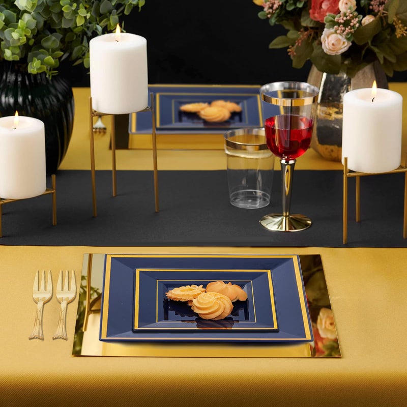 WDF 200PCS Blue Plastic Dessert Plates with Plastic Forks -6 100 Square Disposable Appetizer Plates Small Cake Plates with Gold&100 Navy Blue Small Appetizer Forks for Graduation/Independence Day - Image 3