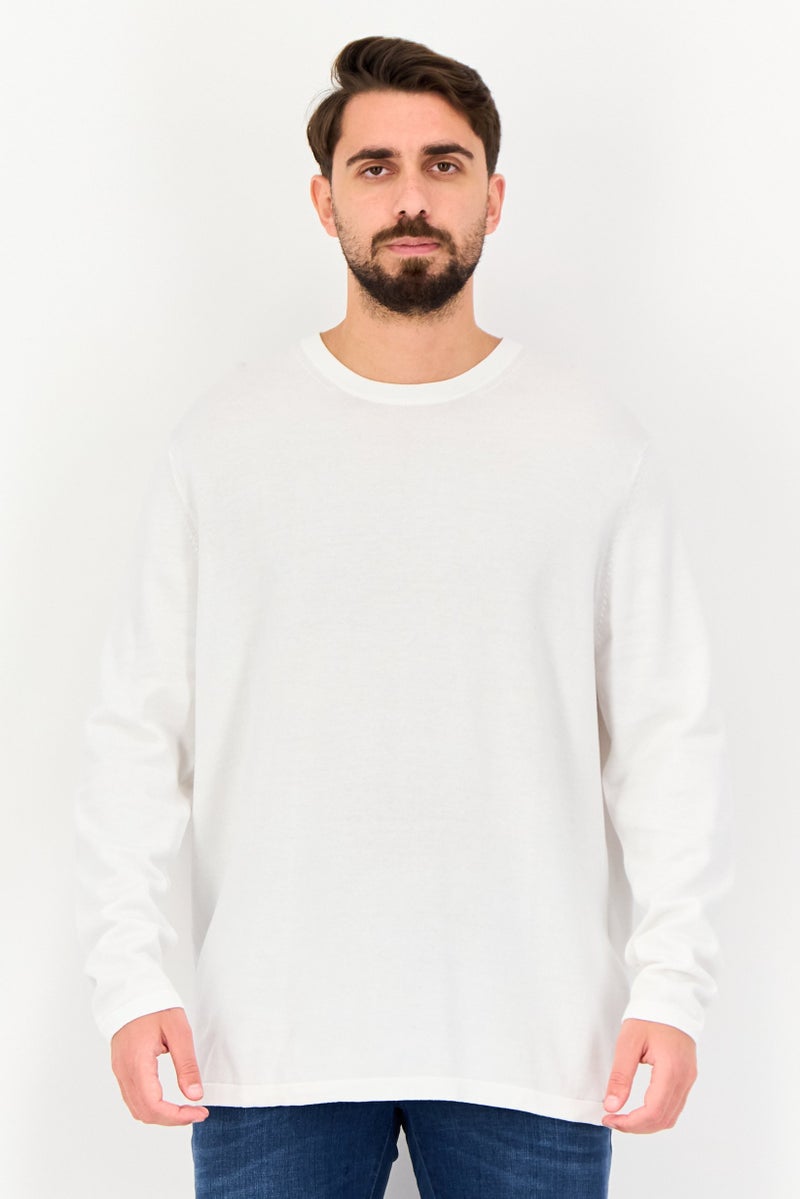 Celio Men Crew Neck Textured Long Sleeve Sweater, White - Image 1