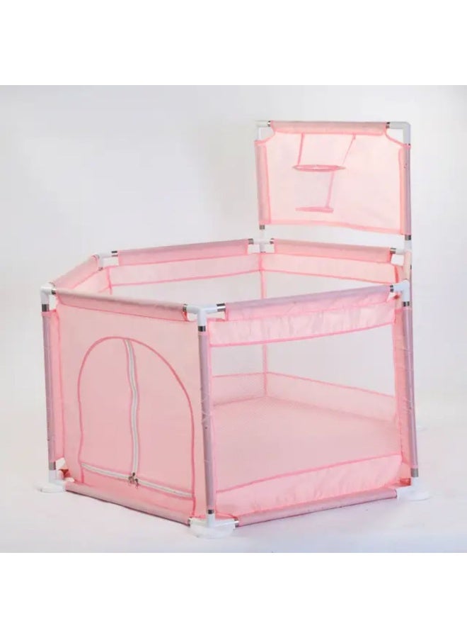 Children's ball pit in a hexagonal shape with a basket