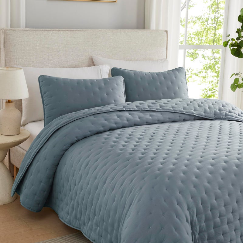 WDCOZY Dusty Blue Cloud California Cal King Size Quilt Bedding Sets with Pillow Shams, Oversized Puffy Cozy Lightweight Bedspread Coverlet, Soft Cute Bed Cover for All Season - 3 Pieces - Image 3