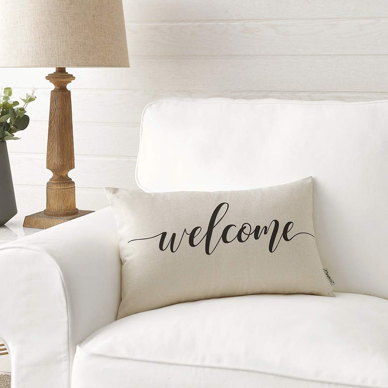 Meekio Farmhouse Pillow Covers with Welcome Quote 12" x 20" Farmhouse Rustic DÃ©cor Lumbar Pillow Covers with Saying Housewarming Gifts Family Room DÃ©cor - Image 2