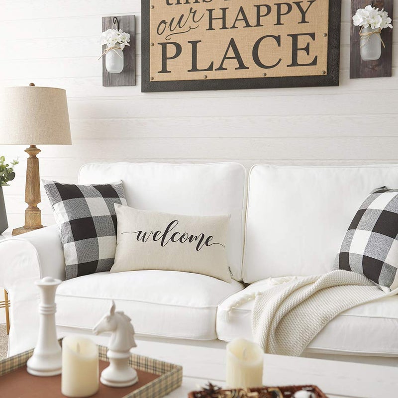 Meekio Farmhouse Pillow Covers with Welcome Quote 12" x 20" Farmhouse Rustic DÃ©cor Lumbar Pillow Covers with Saying Housewarming Gifts Family Room DÃ©cor - Image 3