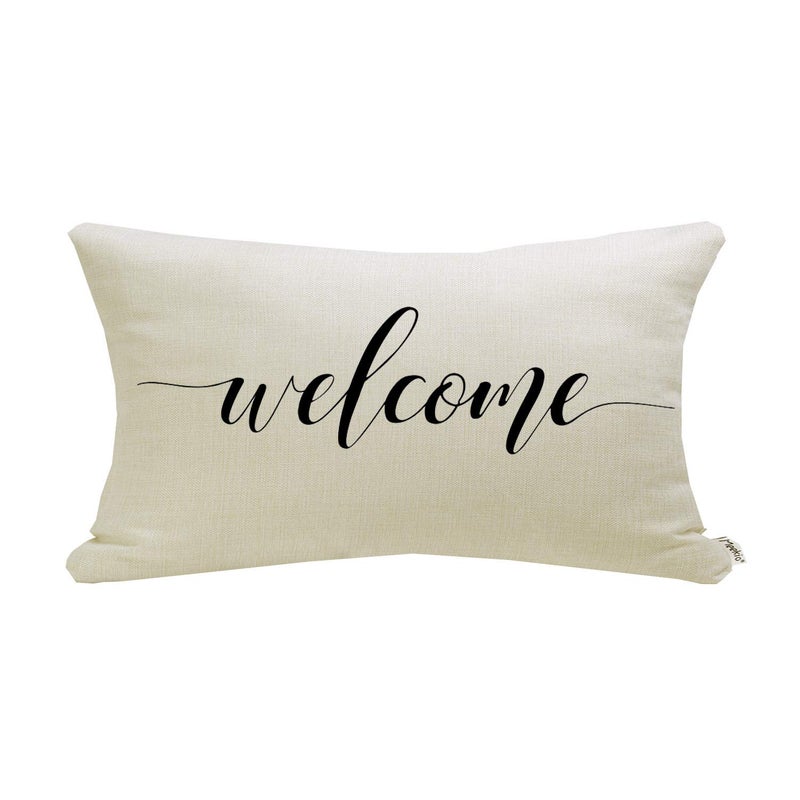 Meekio Farmhouse Pillow Covers with Welcome Quote 12" x 20" Farmhouse Rustic DÃ©cor Lumbar Pillow Covers with Saying Housewarming Gifts Family Room DÃ©cor - Image 1