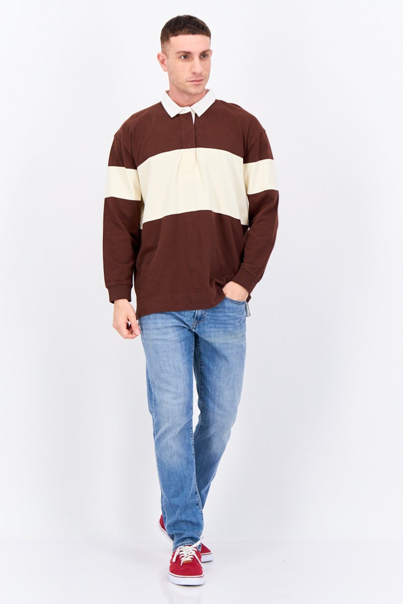 Men Regular Fit Two Tone Long Sleeve Polo, Brown