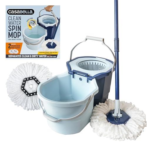 Casabella Spin Mop System with Extra Mop Head Refill - Two-Bucket Design with Splash Guard Built-in Measuring Cup and Scraper Tool with Easy Wring Pedal Spinner, 1.25-Gallon, Blue - Image 1