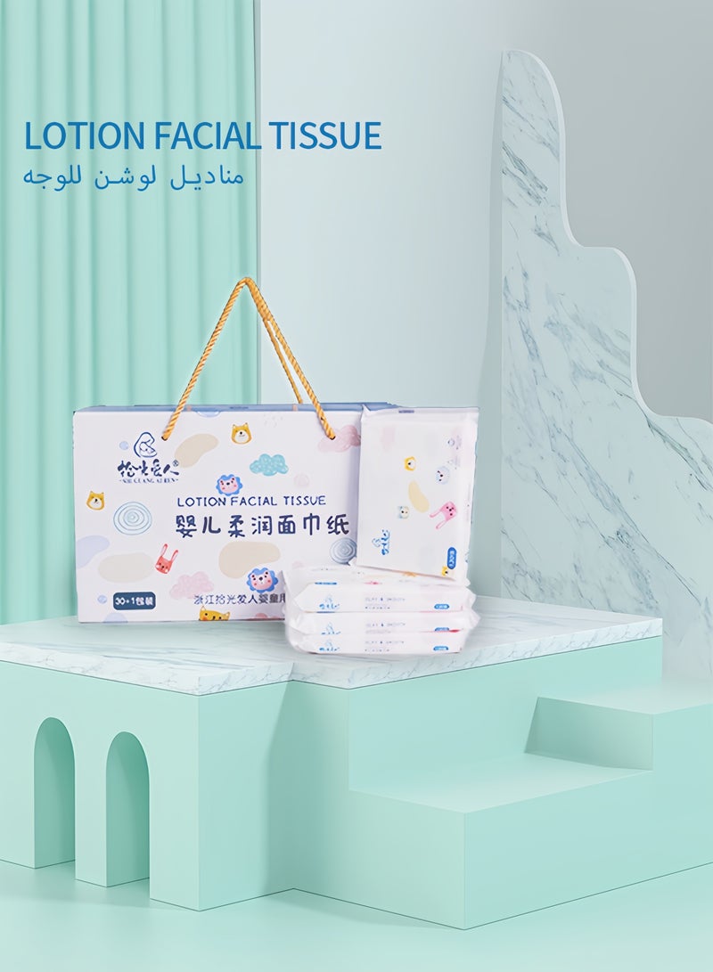 Generic Lotion Facial Tissue , Moist,Low Friction, 3 Ply, 120 Sheets Per Box, Value Pack of 31 packets, For Babies, Children, Rhinitis Patients，No fluorescent additives  - Image 1
