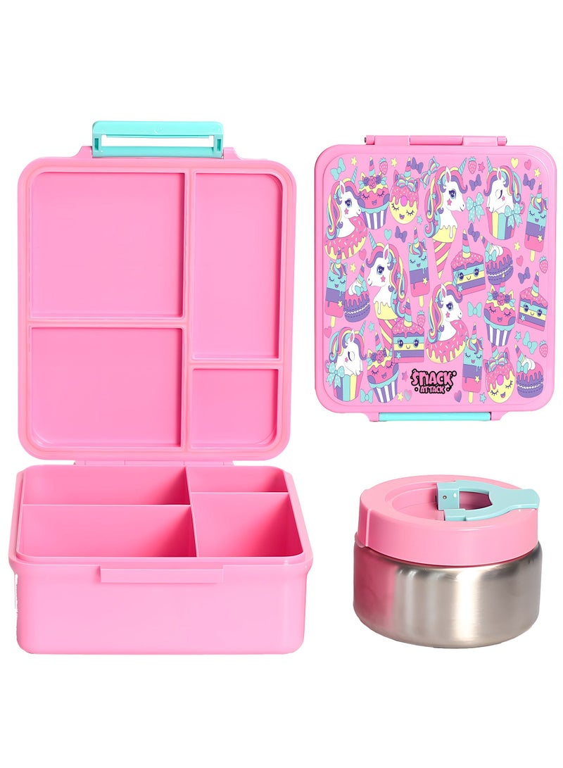 Snack attack SA Bento Lunch Box for Kids School with 9.7oz Soup Thermos, Leak-proof Lunch Containers with 5 Compartment, Thermos Food Jar, Food Containers for School Pink - Image 1