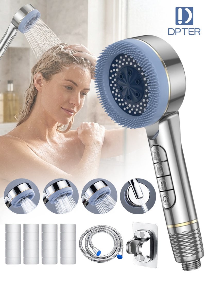 DPTER High Pressure Filtered Handheld Shower Head, 4 Adjustable Spray Modes with 4Pcs Shower Filter Cartridges, Piano One-Click Water Stop Switch, Detachable Silicone Scalp Massage Brush, Chlorine Removal & Hard Water Softening, Water Saving Anti-Clog Showerhead for SPA Bath, Silver - Image 1