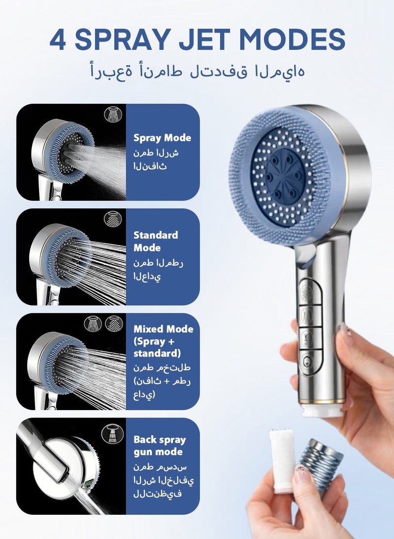 DPTER High Pressure Filtered Handheld Shower Head, 4 Adjustable Spray Modes with 4Pcs Shower Filter Cartridges, Piano One-Click Water Stop Switch, Detachable Silicone Scalp Massage Brush, Chlorine Removal & Hard Water Softening, Water Saving Anti-Clog Showerhead for SPA Bath, Silver - Image 2