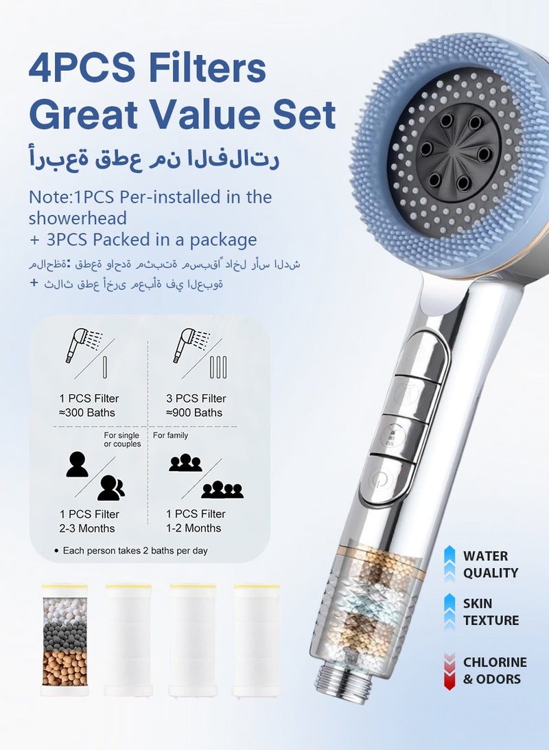 DPTER High Pressure Filtered Handheld Shower Head, 4 Adjustable Spray Modes with 4Pcs Shower Filter Cartridges, Piano One-Click Water Stop Switch, Detachable Silicone Scalp Massage Brush, Chlorine Removal & Hard Water Softening, Water Saving Anti-Clog Showerhead for SPA Bath, Silver - Image 4