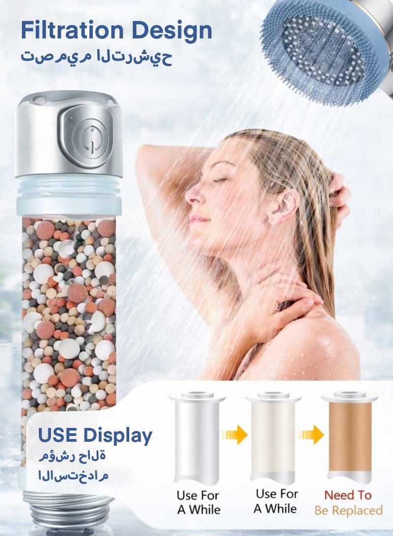 DPTER High Pressure Filtered Handheld Shower Head, 4 Adjustable Spray Modes with 4Pcs Shower Filter Cartridges, Piano One-Click Water Stop Switch, Detachable Silicone Scalp Massage Brush, Chlorine Removal & Hard Water Softening, Water Saving Anti-Clog Showerhead for SPA Bath, Silver - Image 5