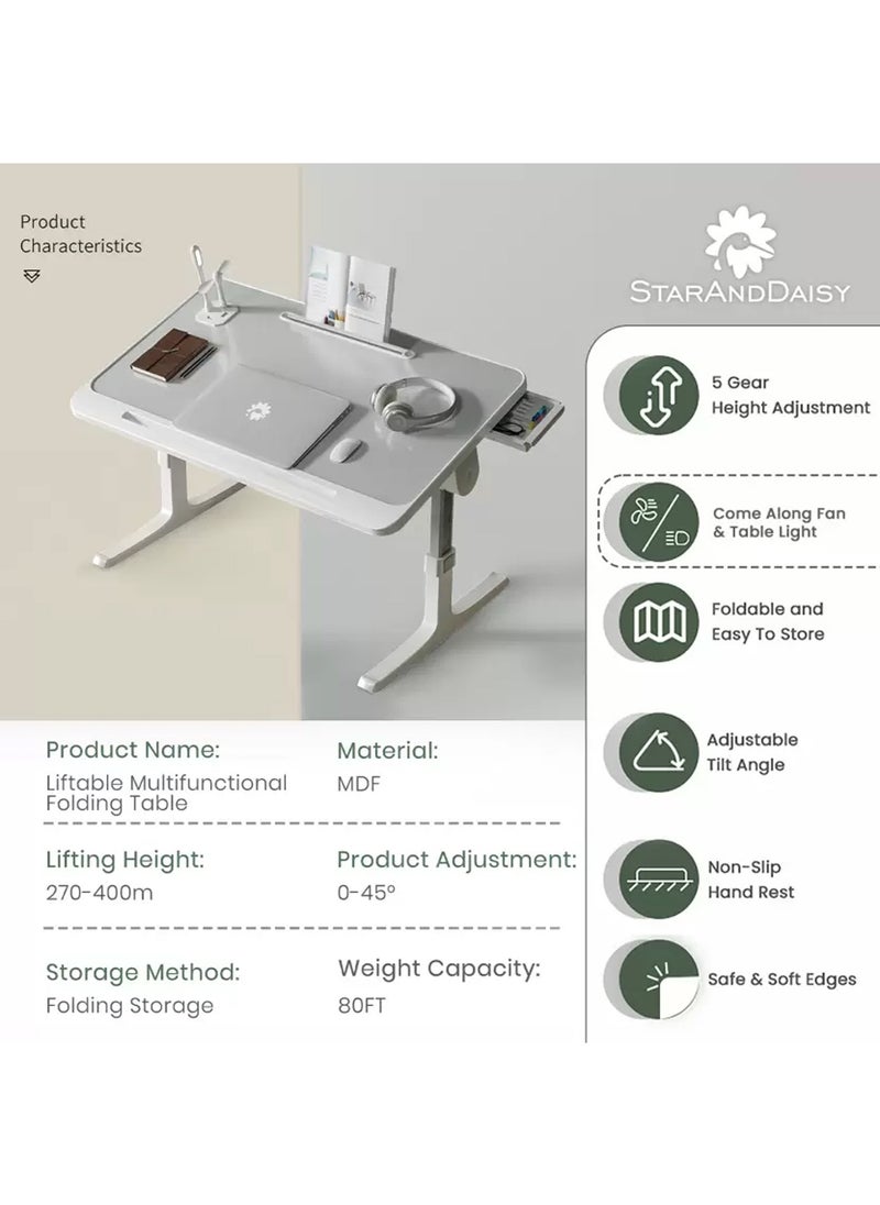 Taimi - Multipurpose Bed Table, Portable Mini Study Desk for Gaming, Eating, and Working, Adjustable Standing Desk with Removable Baffle, 40x60x27-40cm, Folding Bed Tray with Card Slot, USB Charging, Eye Protection Lamp, Drawer, Anti-Slip Tray, and Hand Guard - Image 1