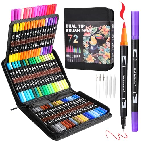 TOSHARE Dual Tip Markers, Double Brush Art Markers Set with Fine Tip and Brush Tip for Adult Coloring Book, Hand Lettering, Calligraphy & Drawing, Art Supplies Kit for Kids and Adults (72 Colors) - Image 1