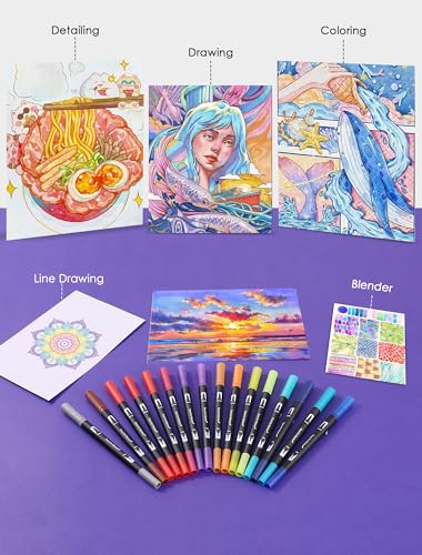 TOSHARE Dual Tip Markers, Double Brush Art Markers Set with Fine Tip and Brush Tip for Adult Coloring Book, Hand Lettering, Calligraphy & Drawing, Art Supplies Kit for Kids and Adults (72 Colors) - Image 4