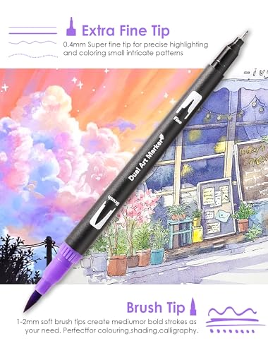 TOSHARE Dual Tip Markers, Double Brush Art Markers Set with Fine Tip and Brush Tip for Adult Coloring Book, Hand Lettering, Calligraphy & Drawing, Art Supplies Kit for Kids and Adults (72 Colors) - Image 2