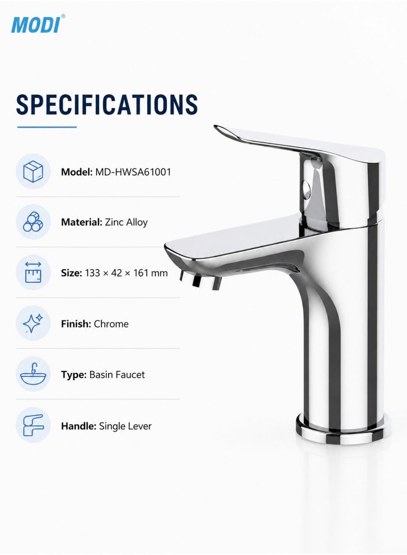 MODI Modern Chrome Basin Mixer Tap - Single Lever Deck Mounted Bathroom Wash Basin Faucet, High-Gloss Finish, Easy Installation - Image 4