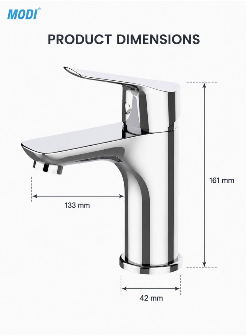 MODI Modern Chrome Basin Mixer Tap - Single Lever Deck Mounted Bathroom Wash Basin Faucet, High-Gloss Finish, Easy Installation - Image 3