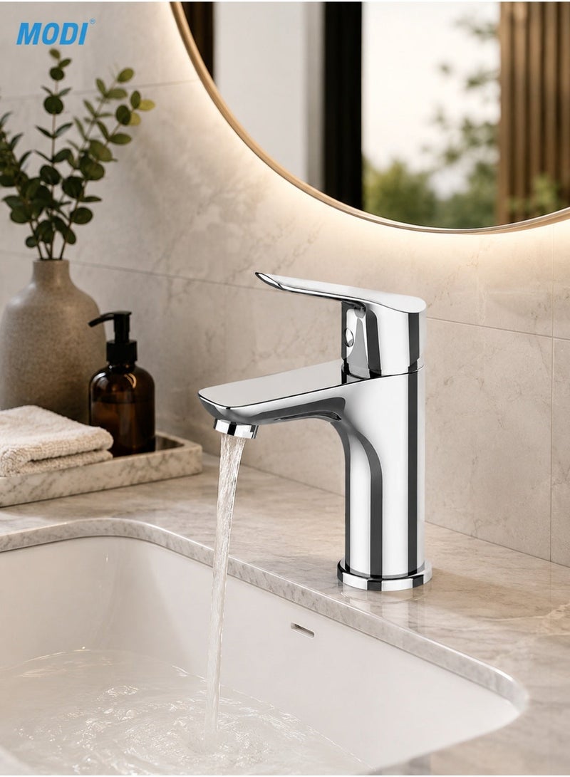 MODI Modern Chrome Basin Mixer Tap - Single Lever Deck Mounted Bathroom Wash Basin Faucet, High-Gloss Finish, Easy Installation - Image 1