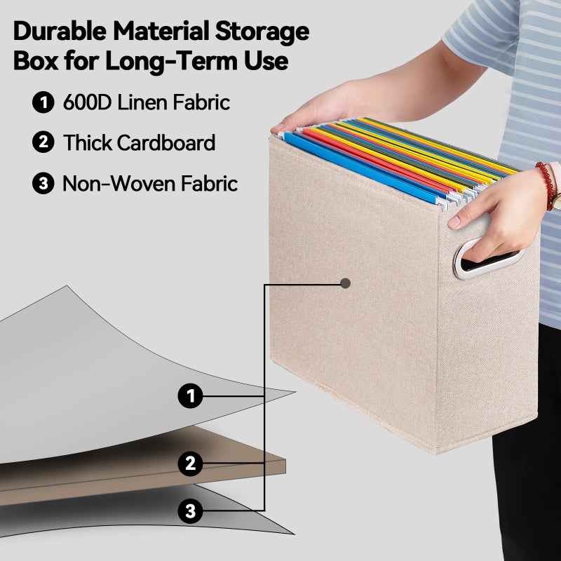 ComfortKeeper 4 Pack Letter Size File Storage Box Collapsible, Fabric Hanging File Folders Organizer, Portable Office Document Holder with Metal Handle, Smooth PVC Rails, Beige - Image 3