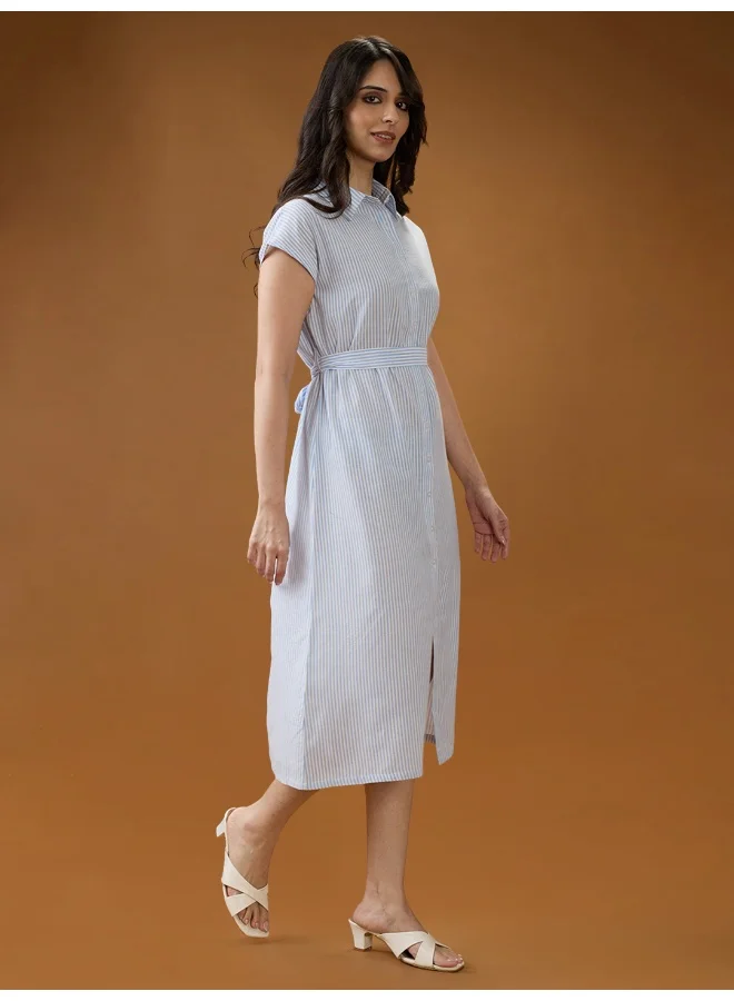 globus Globus Women Blue Collared Neck Extended Sleeves Striped Midi Workwear Shirt Dress With Belt