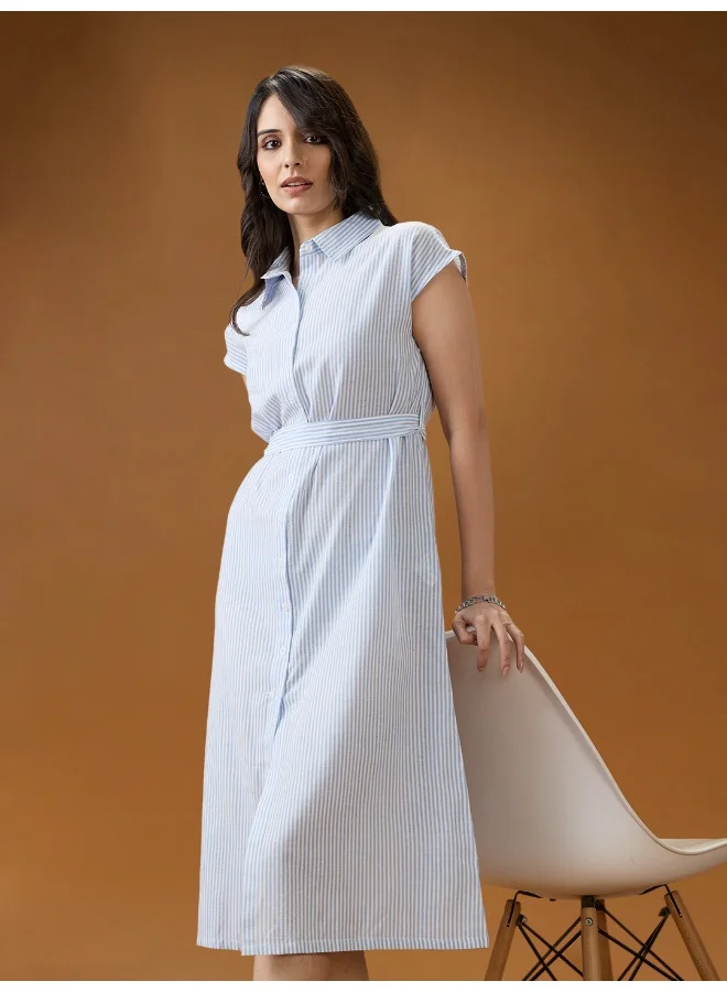globus Globus Women Blue Collared Neck Extended Sleeves Striped Midi Workwear Shirt Dress With Belt