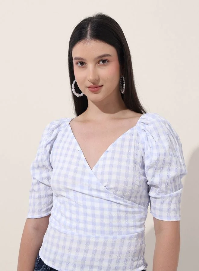 Women Regular Fit Textured V-Neck Short Sleeve Wrap Top
