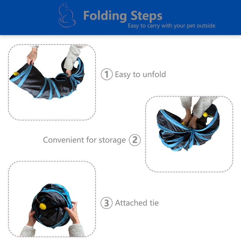 Bigladious Foldable H-Shaped Cat Tunnel Toy with Interactive Playing Balls - 4 Exits for Cats, Kittens, Rabbits & Small Pets Collapsible Play Tube for Indoor Fun & Exercise (Blue Black) - Image 4