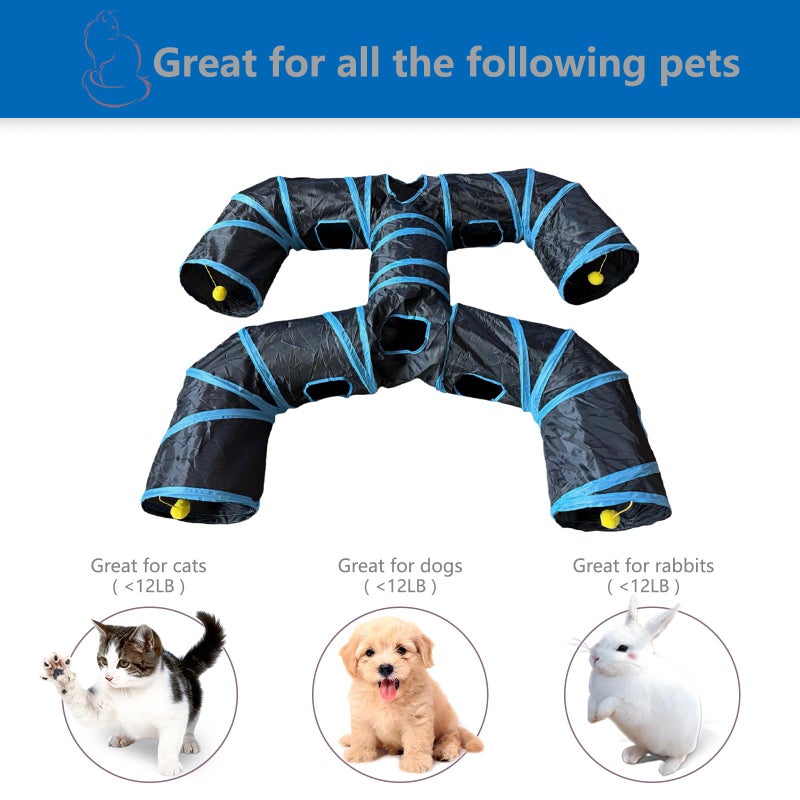 Bigladious Foldable H-Shaped Cat Tunnel Toy with Interactive Playing Balls - 4 Exits for Cats, Kittens, Rabbits & Small Pets Collapsible Play Tube for Indoor Fun & Exercise (Blue Black) - Image 3