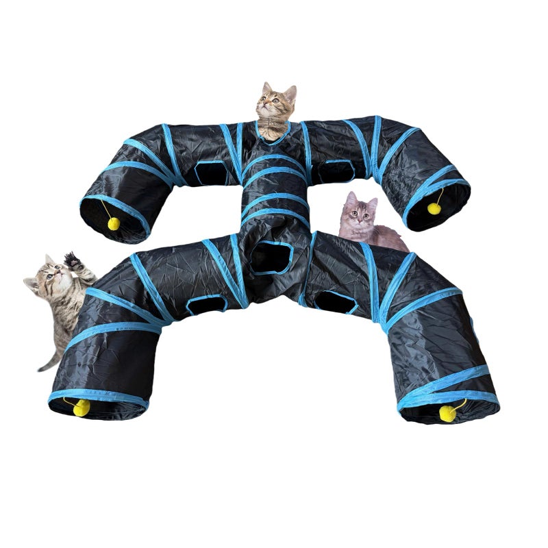 Bigladious Foldable H-Shaped Cat Tunnel Toy with Interactive Playing Balls - 4 Exits for Cats, Kittens, Rabbits & Small Pets Collapsible Play Tube for Indoor Fun & Exercise (Blue Black) - Image 1