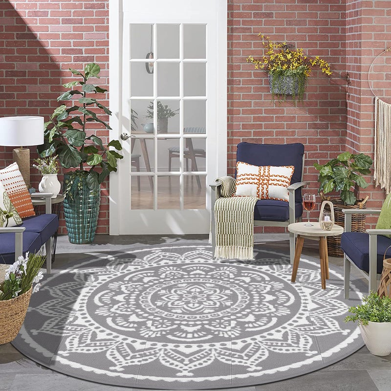 Bsmathom Waterproof Outdoor Rug 8ft Round Reversible Boho Plastic Straw Patio Deck Camping Rugs, Indoor Outdoor Portable RV Mat Carpet for Outside, Porch, Balcony, Backyard, Beach, Pool, Grey - Image 2