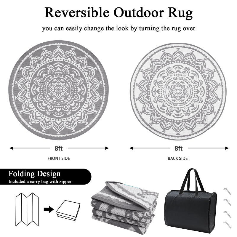 Bsmathom Waterproof Outdoor Rug 8ft Round Reversible Boho Plastic Straw Patio Deck Camping Rugs, Indoor Outdoor Portable RV Mat Carpet for Outside, Porch, Balcony, Backyard, Beach, Pool, Grey - Image 3