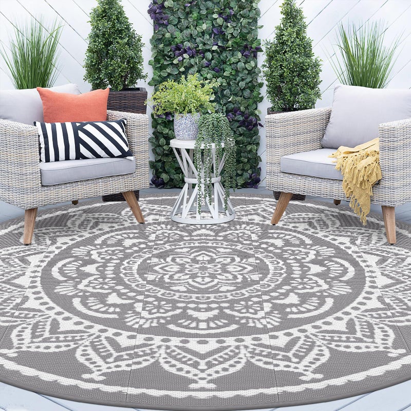 Bsmathom Waterproof Outdoor Rug 8ft Round Reversible Boho Plastic Straw Patio Deck Camping Rugs, Indoor Outdoor Portable RV Mat Carpet for Outside, Porch, Balcony, Backyard, Beach, Pool, Grey - Image 1