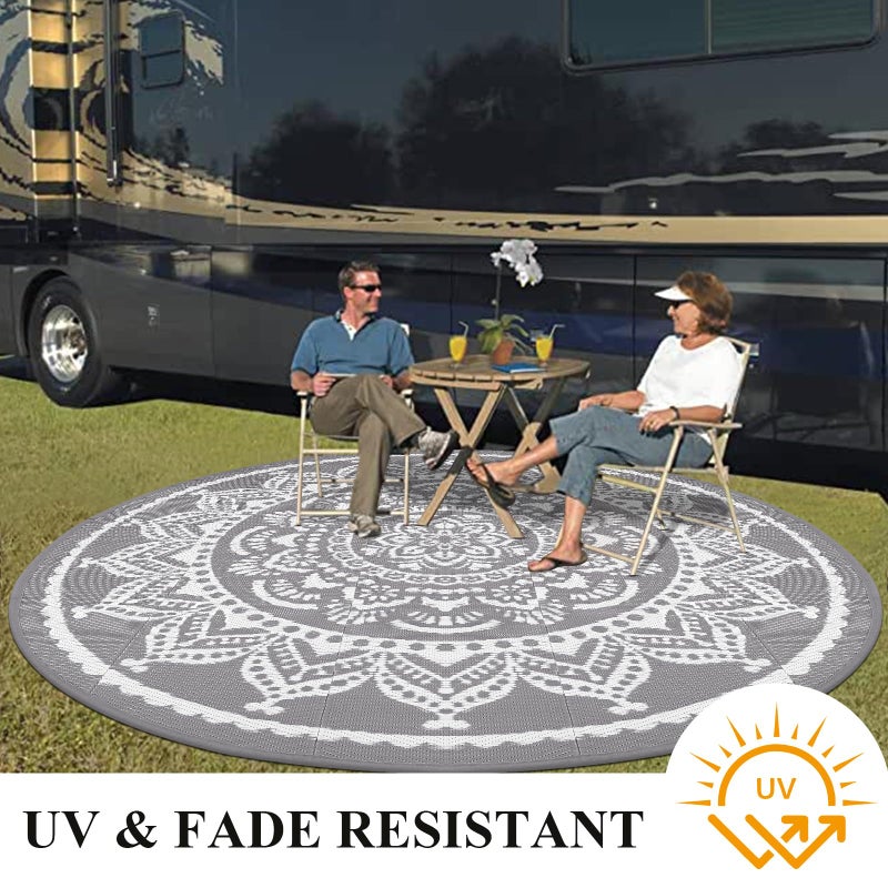 Bsmathom Waterproof Outdoor Rug 8ft Round Reversible Boho Plastic Straw Patio Deck Camping Rugs, Indoor Outdoor Portable RV Mat Carpet for Outside, Porch, Balcony, Backyard, Beach, Pool, Grey - Image 5