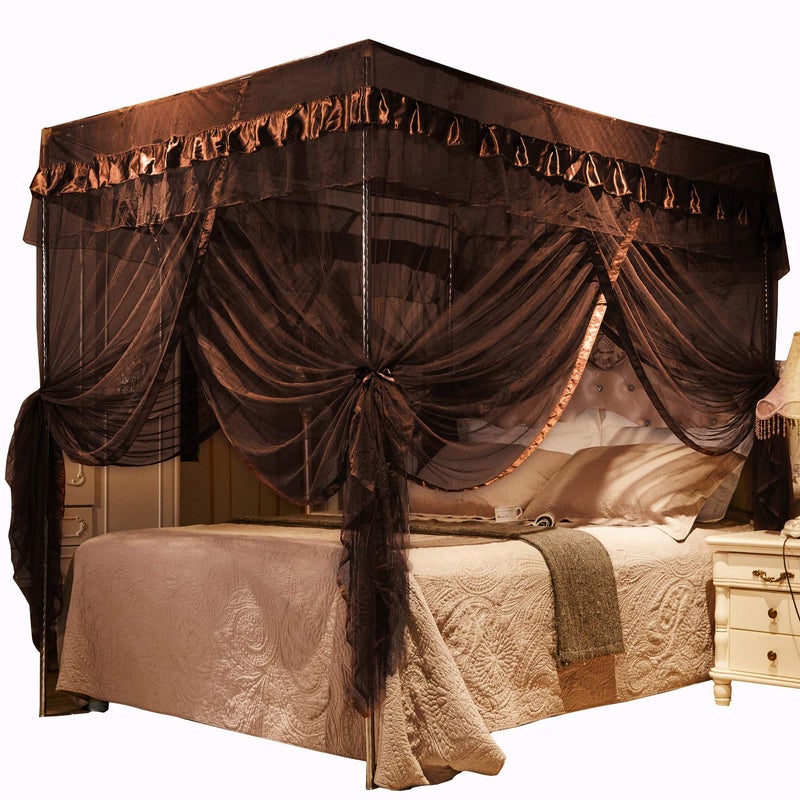Mengersi 4 Corners Post Canopy Bed Curtains Canopy for Bed King Size - Royal Luxurious Mosquito Net Bedroom Decor (King, Coffee) - Image 1