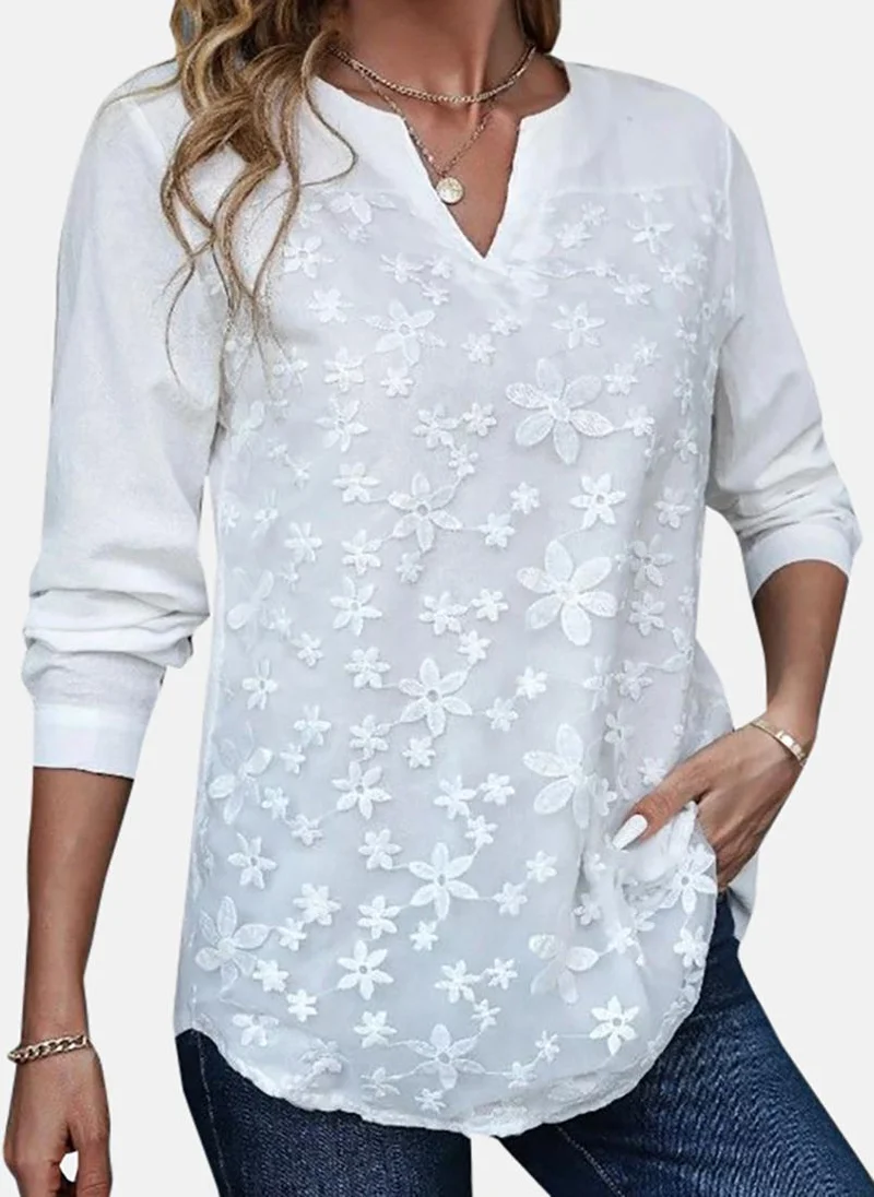 YUNIQEE White Casual V-Neck Long Sleeves Tops