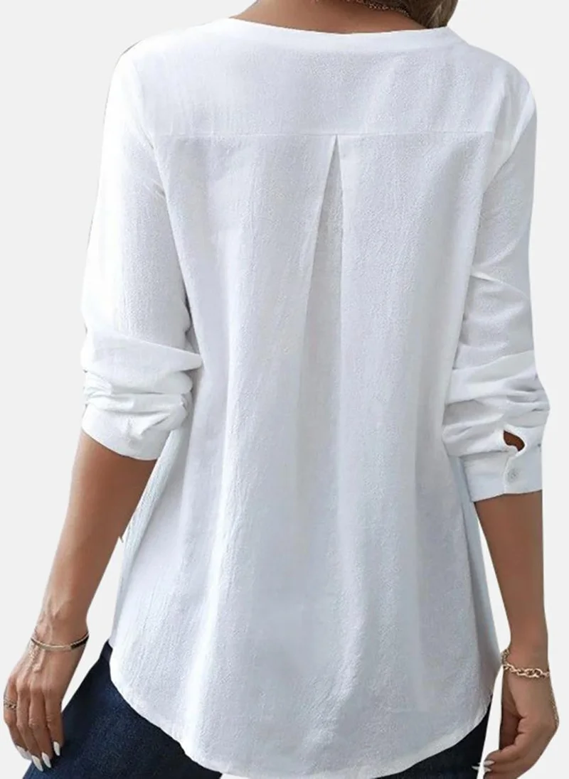 YUNIQEE White Casual V-Neck Long Sleeves Tops
