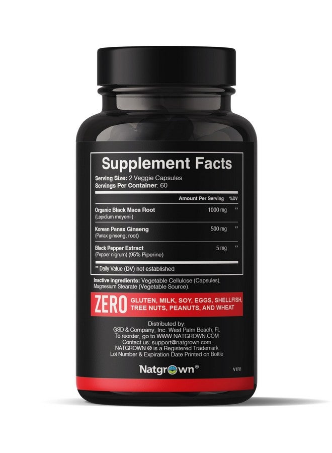 Natgrown Black Maca Root + Panax Ginseng Powder Capsules 1500 mg with Black Peruvian Maca Root & Korean Panax Ginseng Supplement for Men and Women - Vegan Pills (120 Count) - Image 2