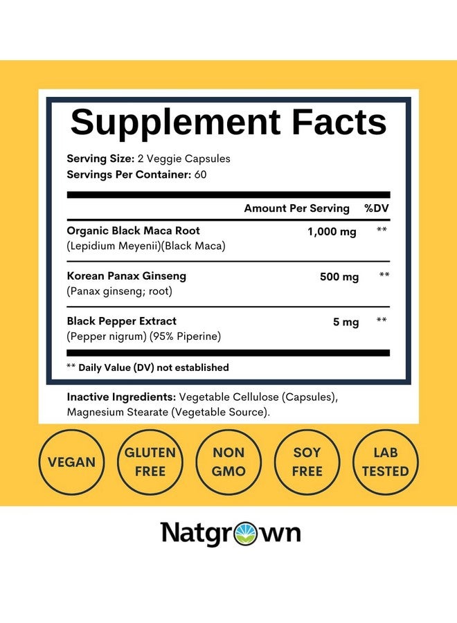 Natgrown Black Maca Root + Panax Ginseng Powder Capsules 1500 mg with Black Peruvian Maca Root & Korean Panax Ginseng Supplement for Men and Women - Vegan Pills (120 Count) - Image 4